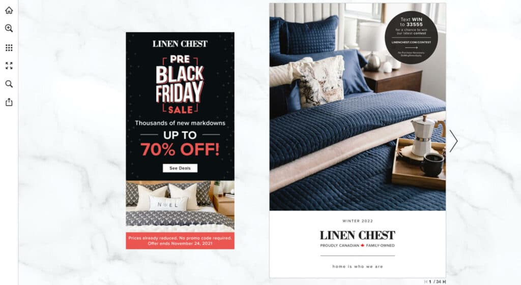 Five Examples of Online Catalogs for Home Furniture Brands 5 Cover of Linen Chest's catalog with Black Friday banner on the left.
