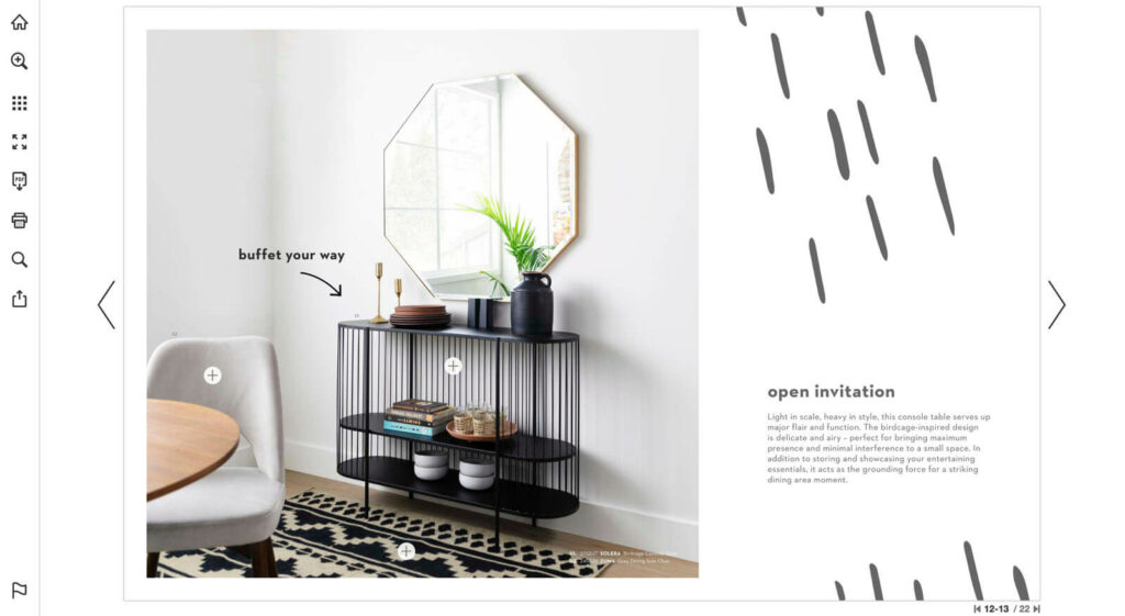 Five Examples of Online Catalogs for Home Furniture Brands 10 Close-up view of a console table from previous image, explaining how the birdcage-inspired design is perfect for minimal interference in a small space.