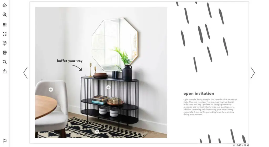 Five Examples of Online Catalogs for Home Furniture Brands 10 Close-up view of a console table from previous image, explaining how the birdcage-inspired design is perfect for minimal interference in a small space.
