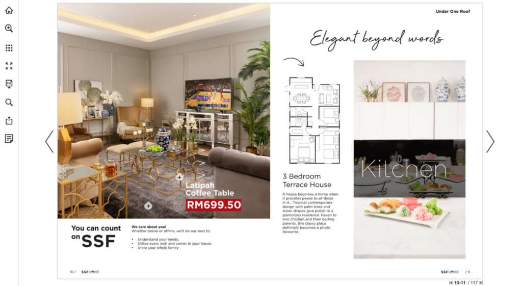 Five Examples of Online Catalogs for Home Furniture Brands 7 Spread from SSF Home's catalog that has an embedded video showing designs for multiple rooms.