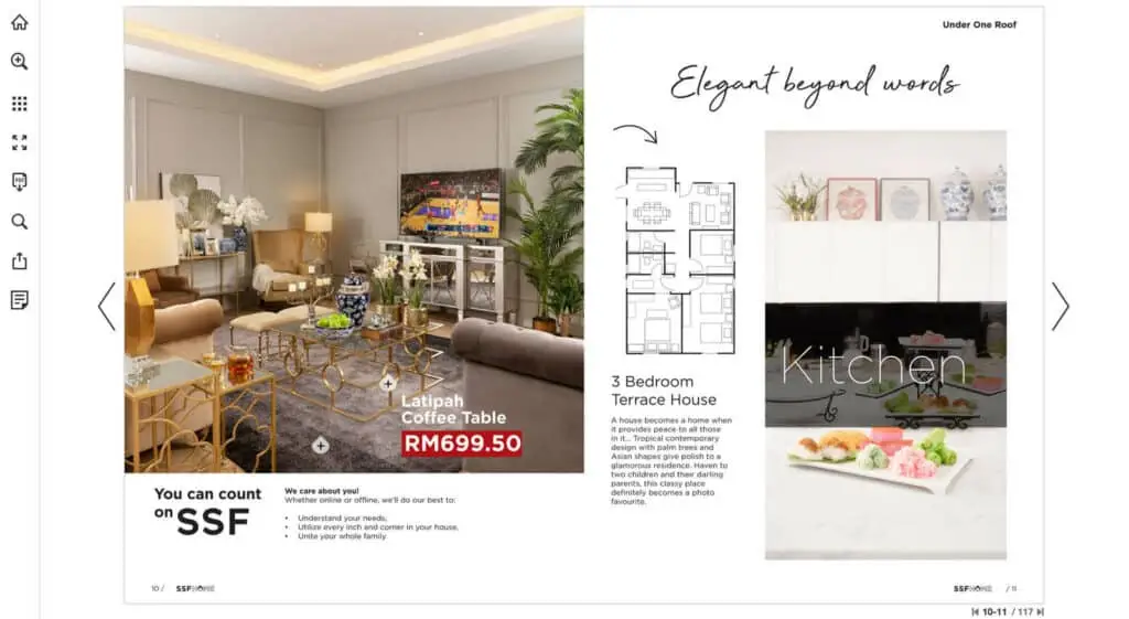 Five Examples of Online Catalogs for Home Furniture Brands 7 Spread from SSF Home's catalog that has an embedded video showing designs for multiple rooms.