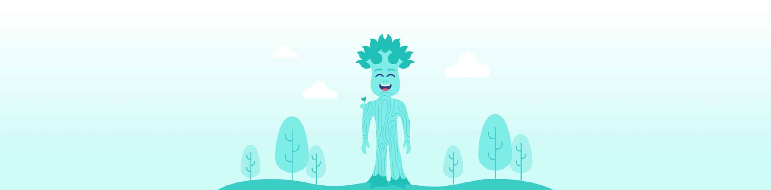 A happy, mint-green cartoon character with tree-like skin standing amongst trees.
