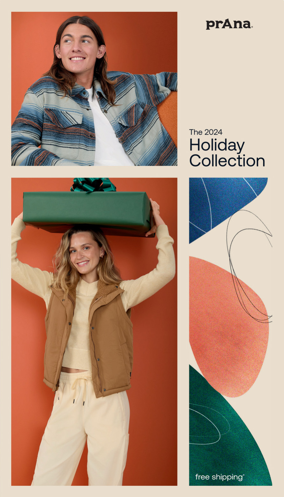 prAna catalog cover holiday 2024. Warm colors like orange and beige as background, with a smiling man and woman as models.
