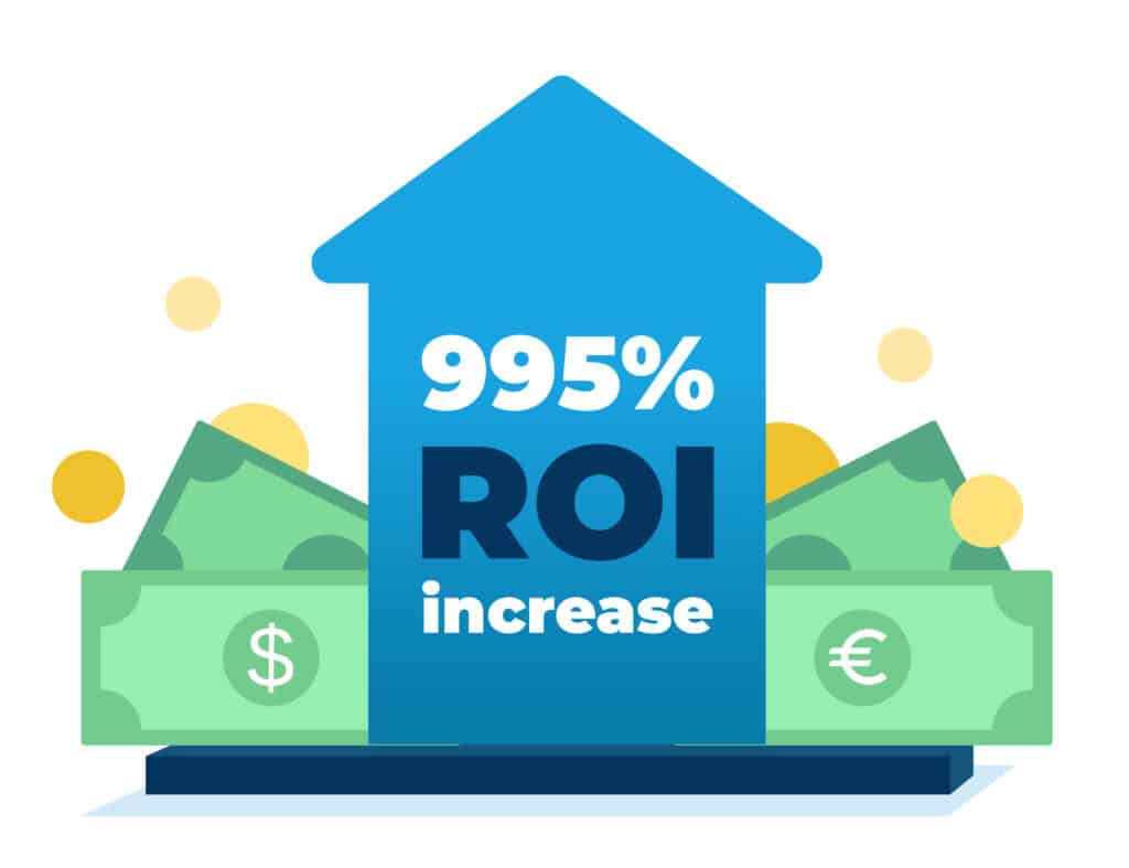 Intertoys — Increasing Reach through Geographical Targeting 5 Blue house shape surrounded by money with text 995% ROI increase