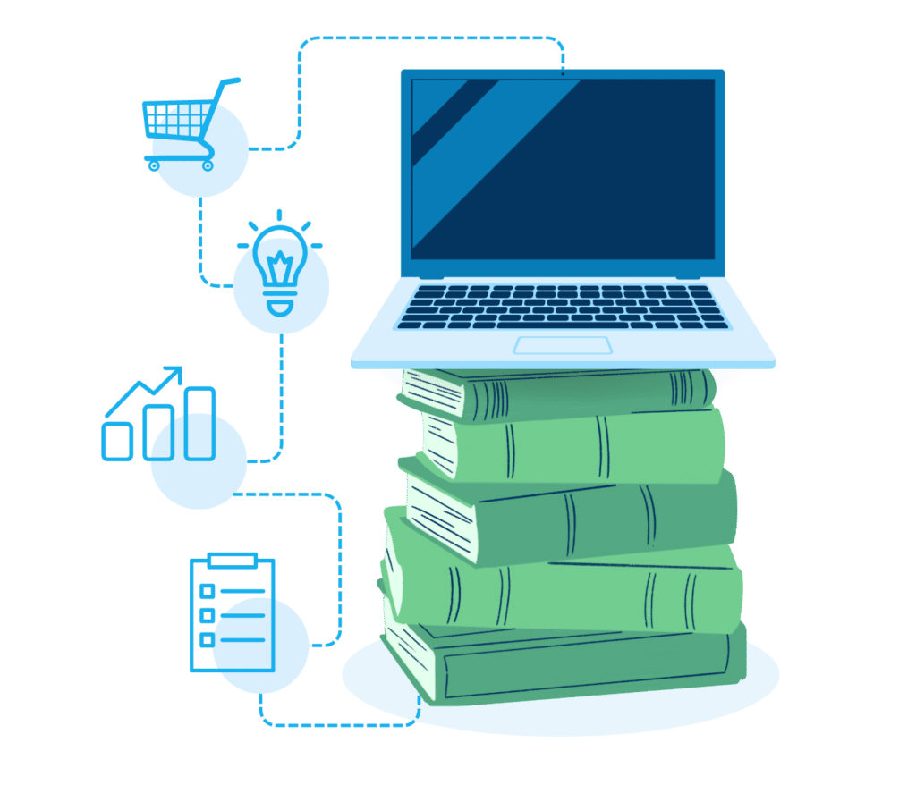 Empresa 12 Ilustración de un ordenador portátil sobre una pila de libros verdes con iconos de carrito de la compra, bombilla, gráfico de datos y lista de comprobación a la izquierda.