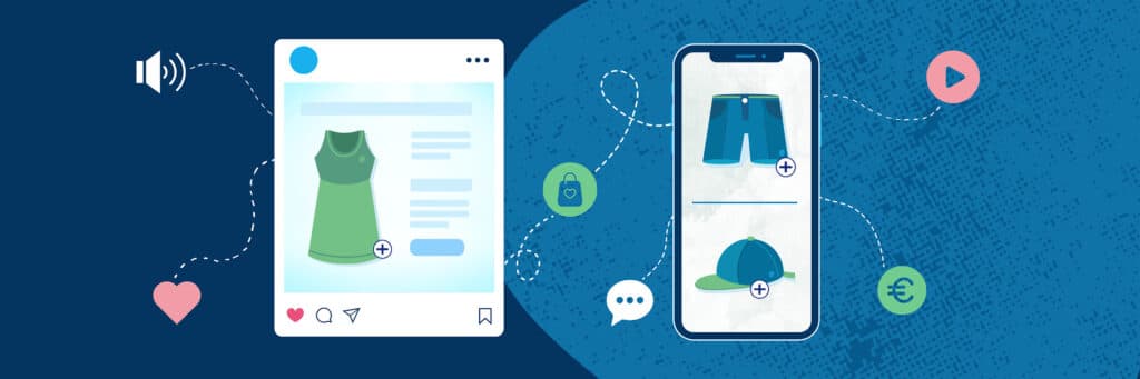 How Shoppable Media Is Transforming The Retail Landscape 1 An illustration with an instagram post window showcasing a green dress on the left and mobile view of online store showcasing shorts and cap on the right