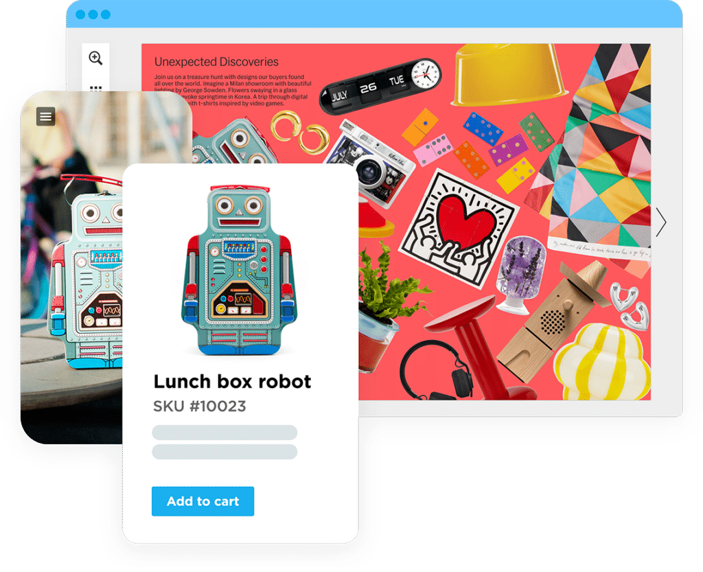 Custom Catalog Solutions 1 Colorful looking catalog including a robot lunch box. A pop-up of the robot lunch box with an add to cart button. Represents we can do anything with custom catalog solutions.