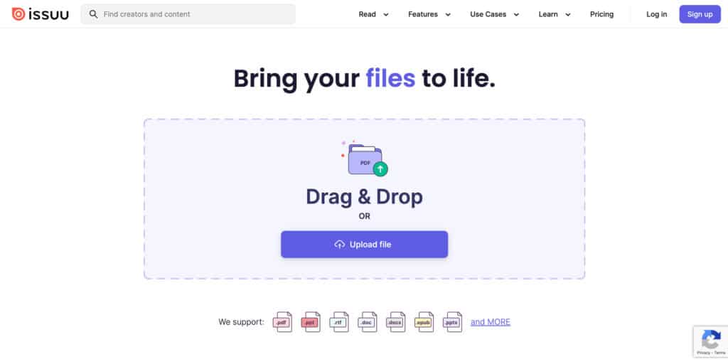 Issuu Alternative 1 Photo of homepage ISSUU showing: Bring your files to life drag & drop or upload file.