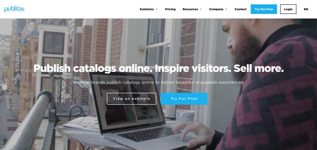 Issuu Alternative 2 Screenshot of Publitas's homepage. Publish catalogs online. Inspire visitors. Sell more.