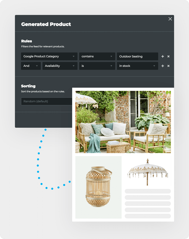 Digital Catalog 11 Top: A modal window with rules such as: Product Category contains Outdoor Seating. Bottom: A catalog page is generated showing outdoor seating products.