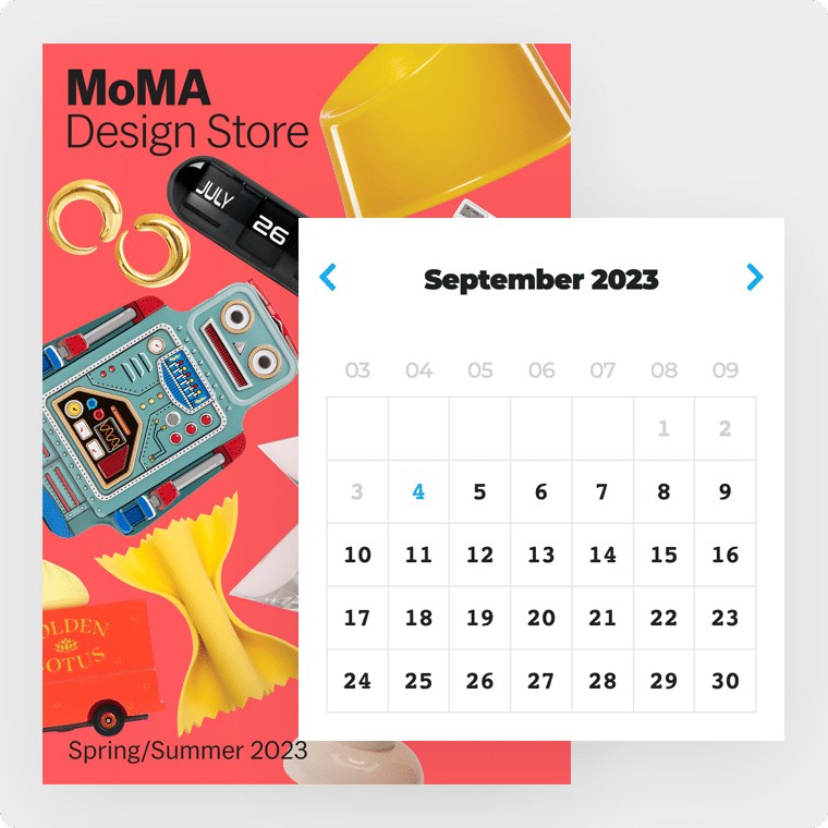 Automatización de catálogos digitales 8 Una portada de catálogo y un calendario para mostrar que puede programar publicaciones.