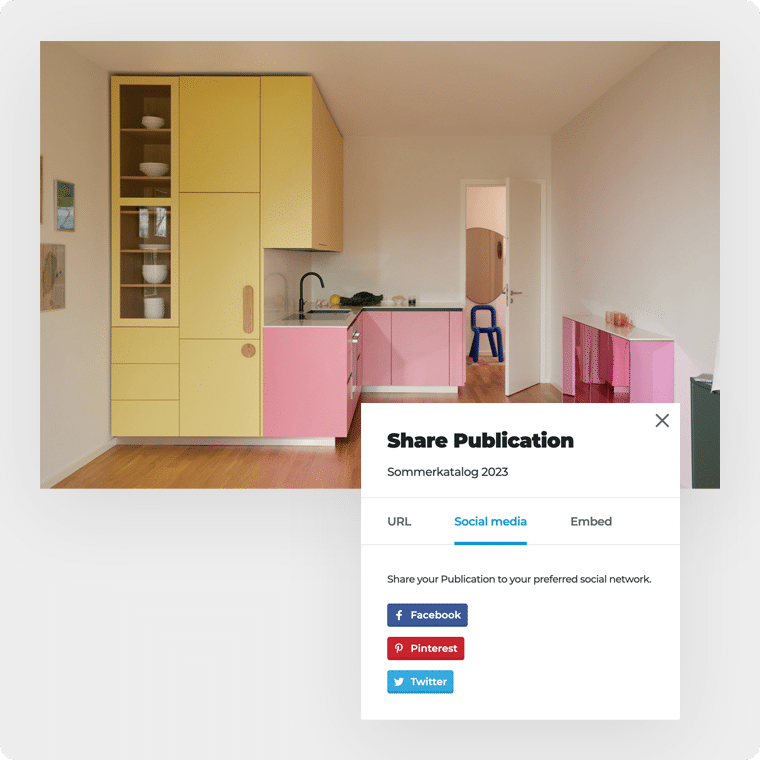 Digital Catalogs: A Powerful Tool for Guiding the Customer Journey 2 A catalog spread showing a living room. A popup saying Share Publication.