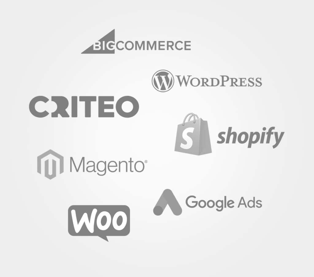 Logos como BigCommerce, WordPress, Shopify, Magento y WooCommerce.
