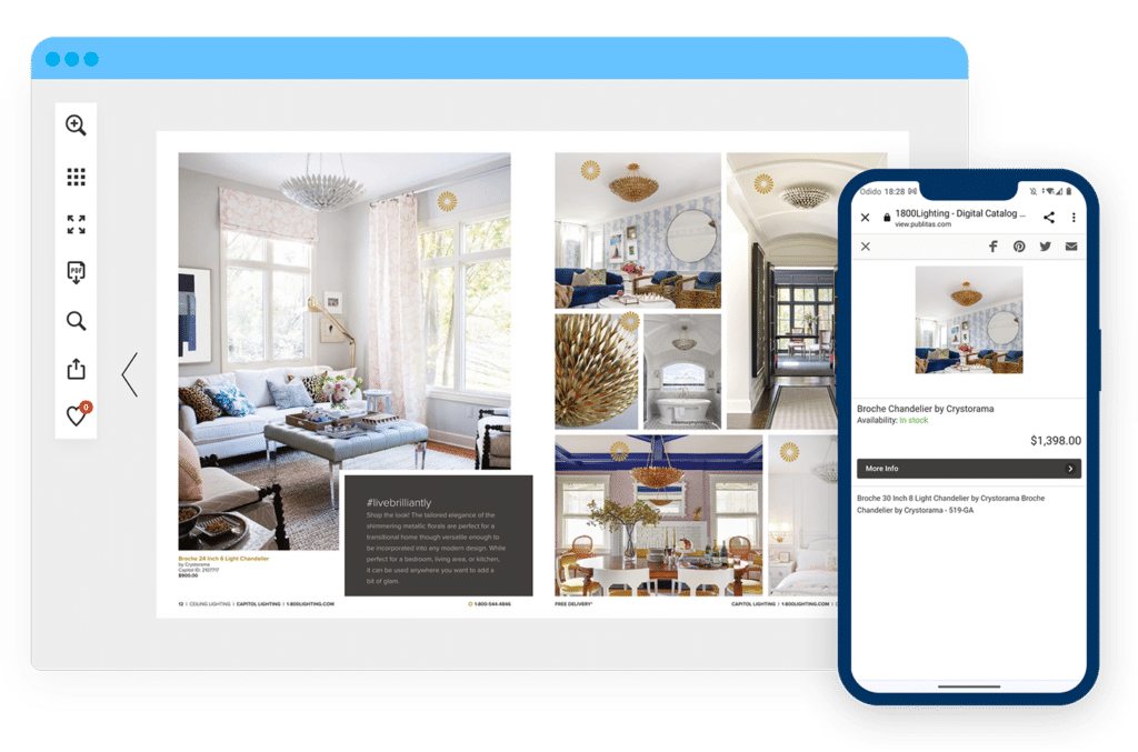 Capitol Lighting — 22% AOV Boost from Digital Catalog Viewers 5 Capitol lighting's digital catalog on desktop and phone. Showing various lamps and a more info product pop-up.