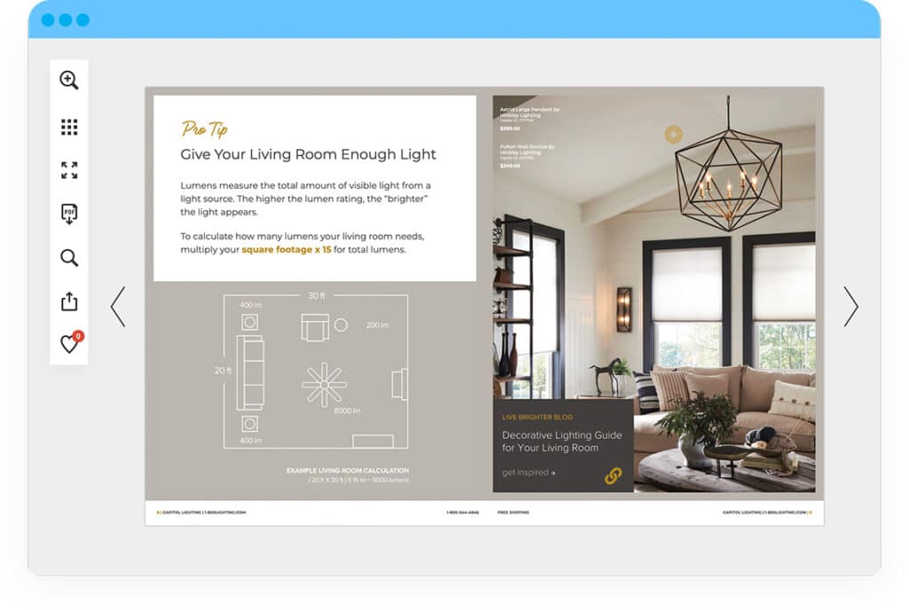 Capitol Lighting — 22% AOV Boost from Digital Catalog Viewers 4 A page from Capitol Lighting's digital catalog showing a pro tip about giving your living room enough light.