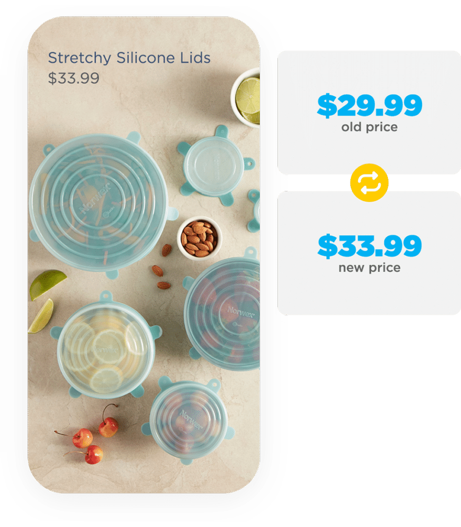 Distribute your catalogs on promo and affiliate portals 3 A phone with digital catalog page showing a dynamic price update. The old price $29.99 is replaced with a new price $33.99.