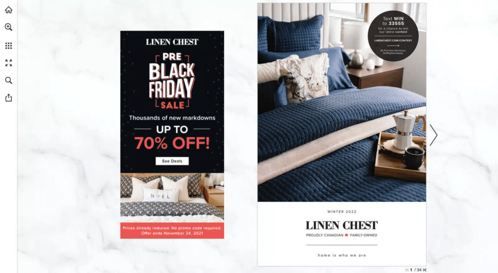 Digital Magazines That Engage And Capture eCommerce Customers 3 Linen Chest's black friday catalog. Showing a banner: up to 70% off.
