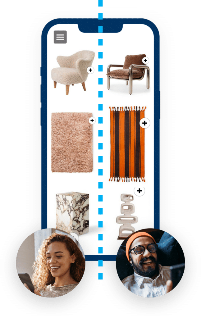 Retail Trends Take Center Stage at NRF 2025 in New York 4 A phone divided in half. On each side there are different variants of a couch, carpet, and other decorations. Left: Light items viewed by a woman. Right: Brown items viewed by a man.