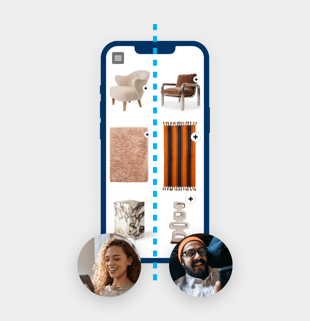 Ipaper alternative 1 A phone divided in half. On each side there are different variants of a couch, carpet, and other decorations. Left: Light items viewed by a woman. Right: Brown items viewed by a man.