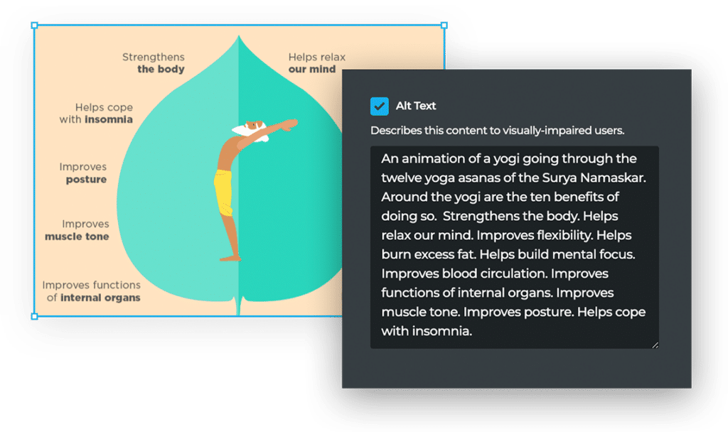 Zugänglichkeit 9 Ein Bild von einem Yogi, der zwölf Yoga-Asanas durchführt. Ein Pop-up zeigt an, dass du den Alt-Text für das Bild bearbeiten kannst.
