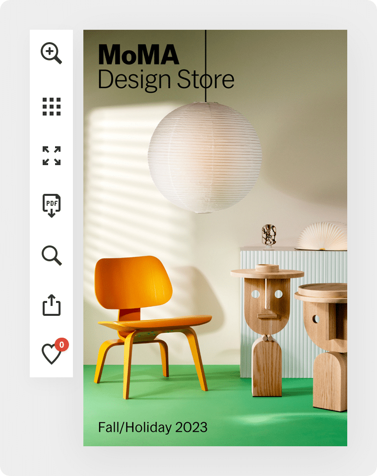 Digital Catalog 9 Front page of MOMA's Fall/Holiday 2023 digital catalog. Showing an orange chair on a green floor, and tables that look like abstract humans.