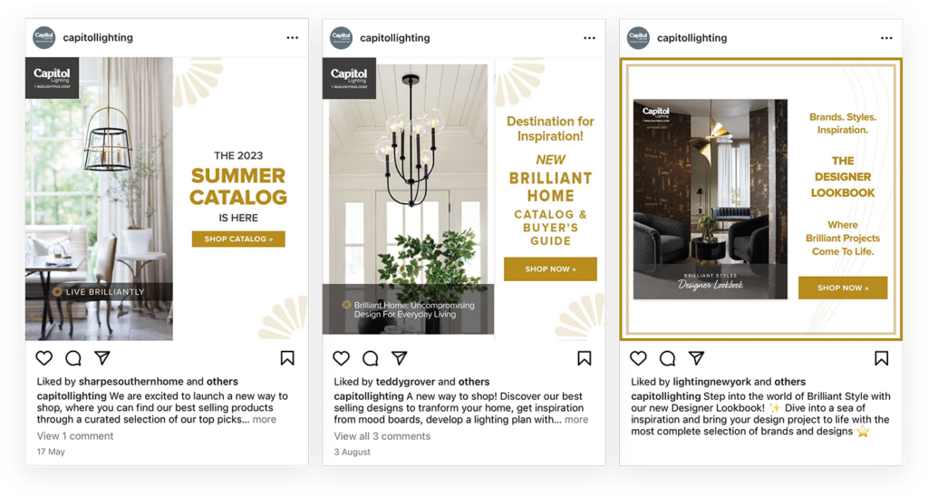 Capitol Lighting — 22% AOV Boost from Digital Catalog Viewers 6 Three Capitol Lighting instagram posts promoting their summer catalog, buyer guide, and lookbook.