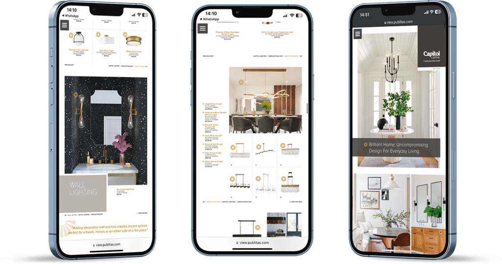 Capitol Lighting — 22% AOV Boost from Digital Catalog Viewers 2 Three phones showing various pages from Capitol Lightings catalog. Many lamps are shown in context of beautiful living rooms.