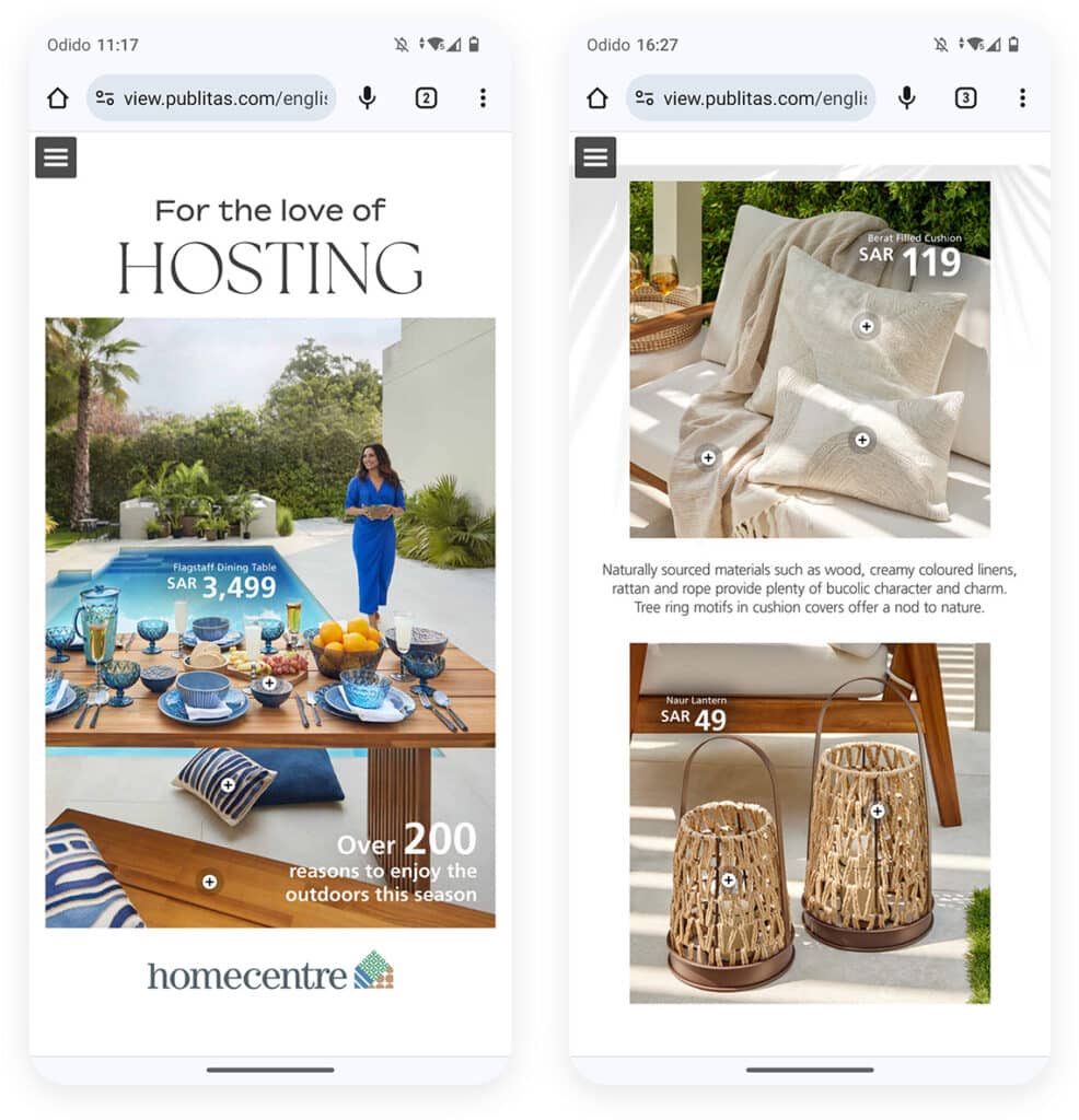 Six Trends Shaping Spanish Retail in 2025: How to Adapt and Thrive 4 Two phones with pages from homecentre's digital catalog. Items such as a dining table, pillows, and lanterns are shown.