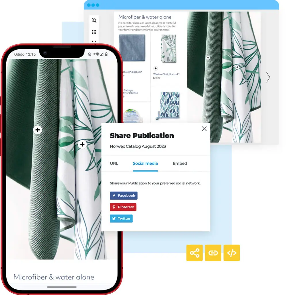 Create Digital Brochures Online 5 A digital catalog about microfiber cloths shown on phone and desktop. A share pop-up with social media options, embed, and URL to publish catalogs online.