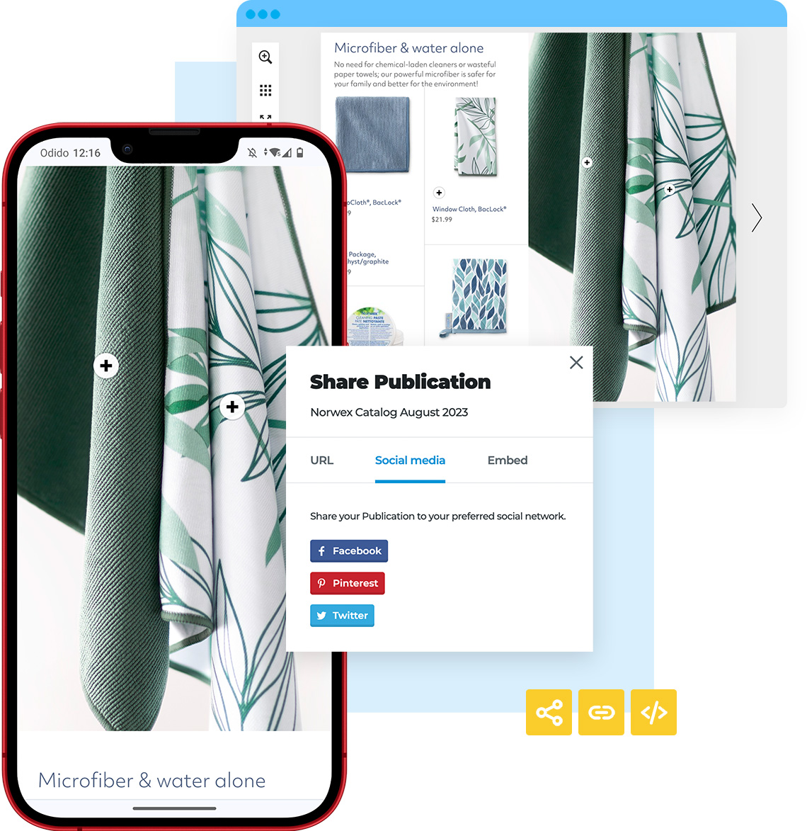 Publitas - Konvertieren mit kaufbaren digitalen Publikationen 10 Ein digitaler Katalog über Mikrofasertücher, der auf Telefon und Desktop angezeigt wird. Ein Share-Pop-up mit Optionen für soziale Medien, Einbettung und URL, um Kataloge online zu veröffentlichen.