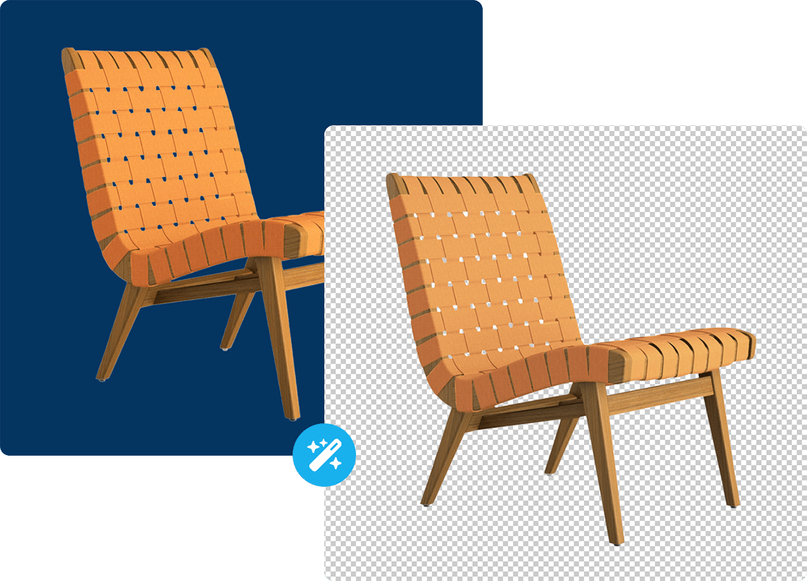 Empresa 5 Dos imágenes de la misma silla naranja. Izquierda: La imagen tiene un fondo azul. Derecha: La imagen no tiene fondo.