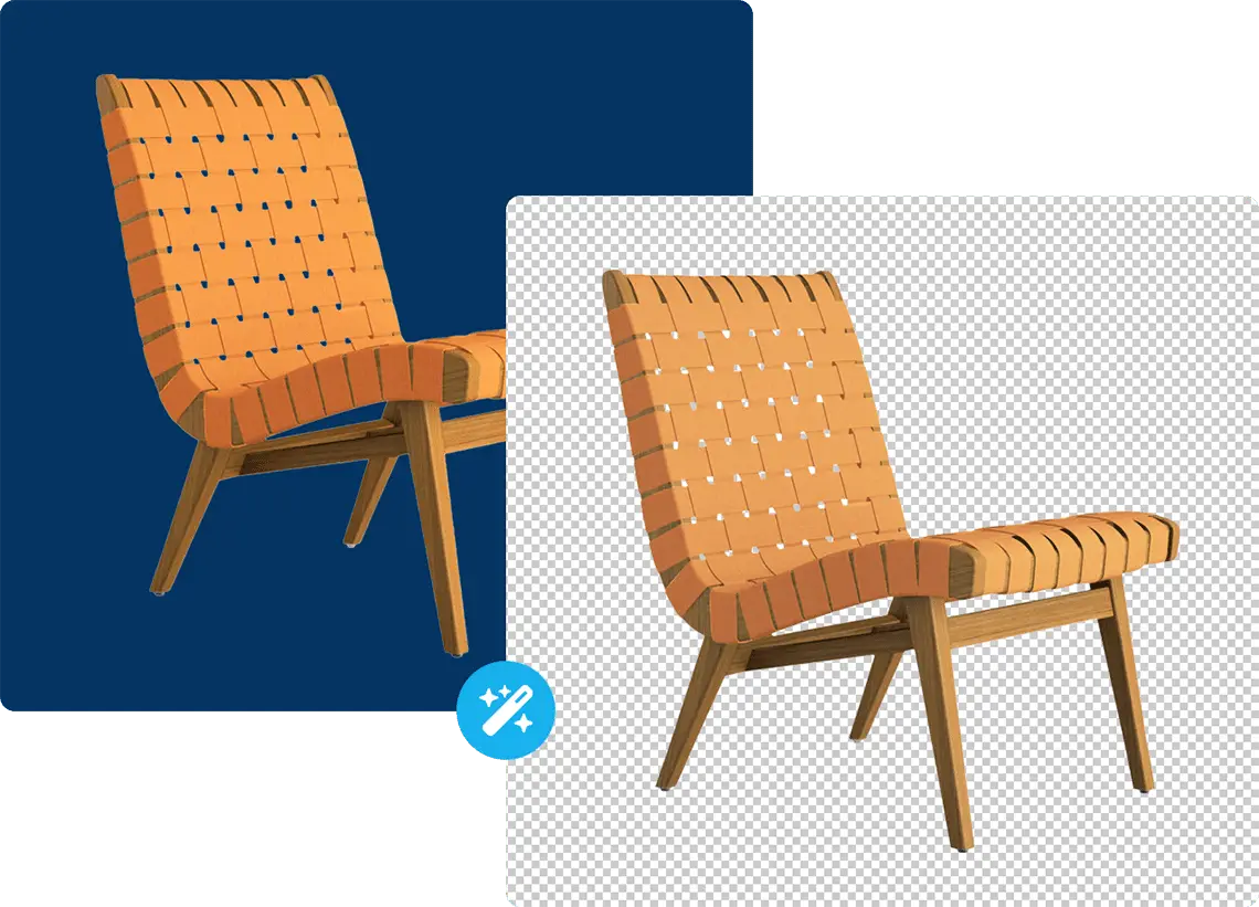 Entreprise 5 Deux images de la même chaise orange. À gauche : l'image a un fond bleu. À droite : L'image n'a pas d'arrière-plan.
