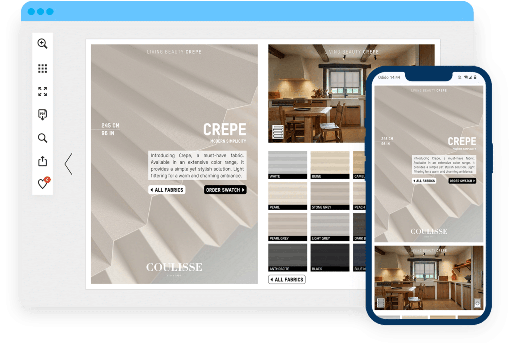 Coulisse — Crafting Interactive Experiences for Customers 2 A spread from Coulisse's digital catalog on desktop and mobile phone showcasing their various fabrics.