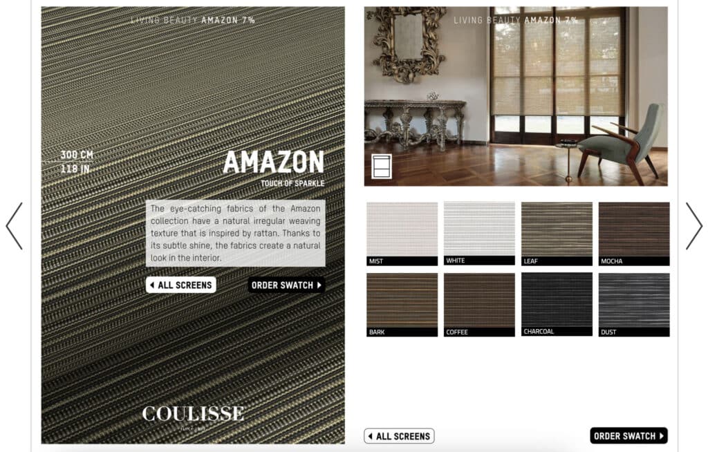 Coulisse — Crafting Interactive Experiences for Customers 3 A page from Coulisse's digital catalog showcasing their Amazon fabrics. A natural irregular weaving texture inspired by rattan.