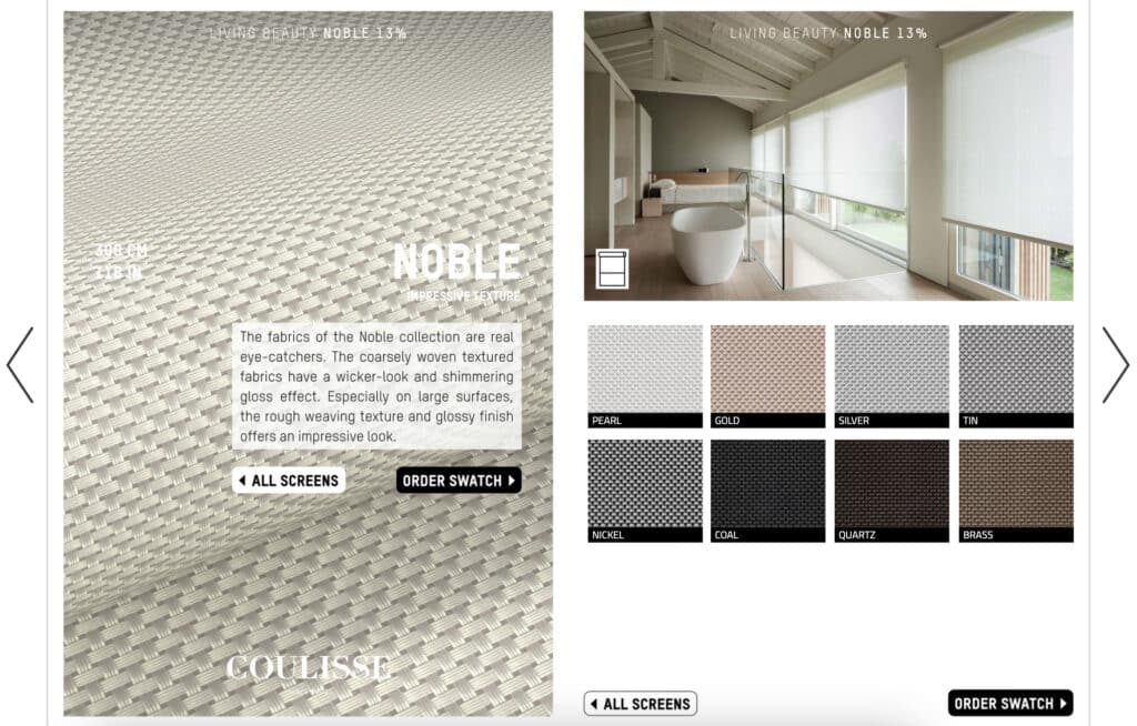 Coulisse — Crafting Interactive Experiences for Customers 4 A spread from Coulisse's digital catalog showcasing their Noble fabric collection. Coarsely woven textured fabrics with a wicker-look.