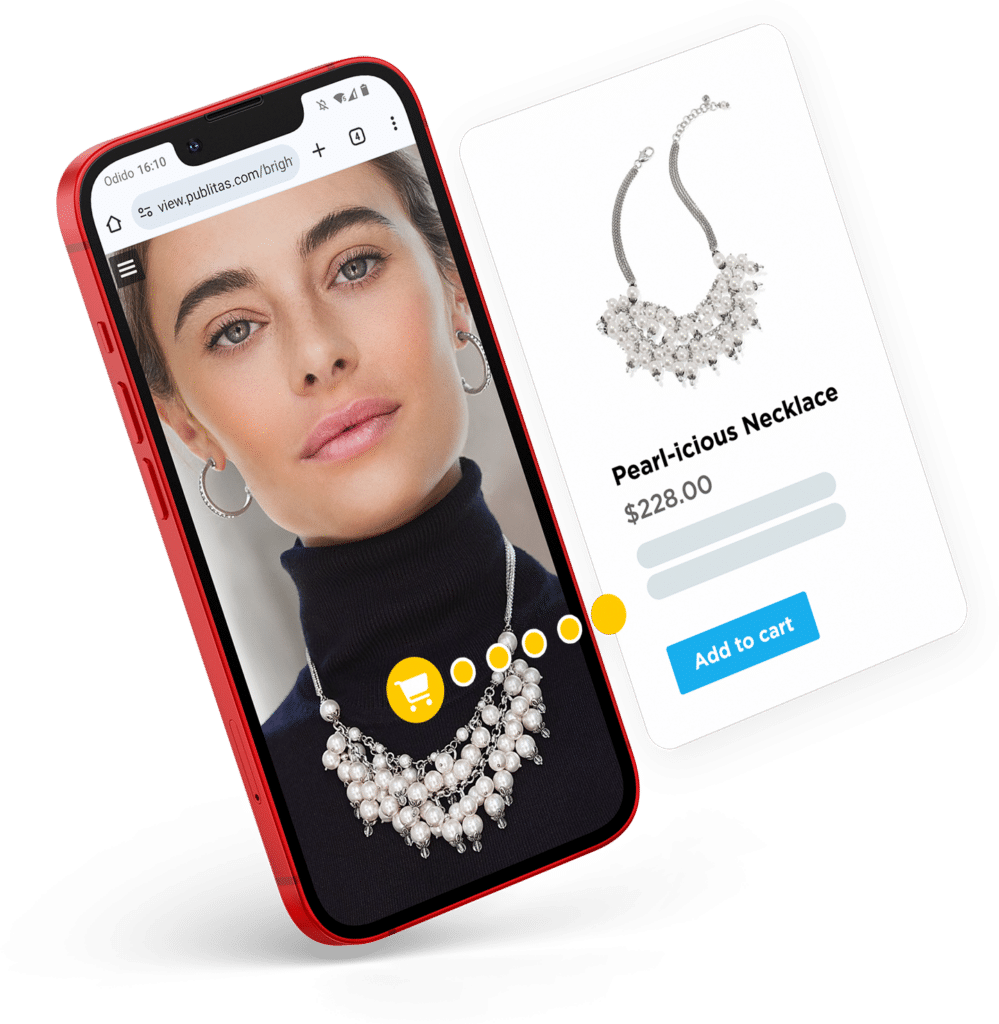 Digital Catalog 5 Close up of a mobile phone showing a beautiful woman wearing a pearl necklace. A product display page shows more info about the necklace and an add to cart button.