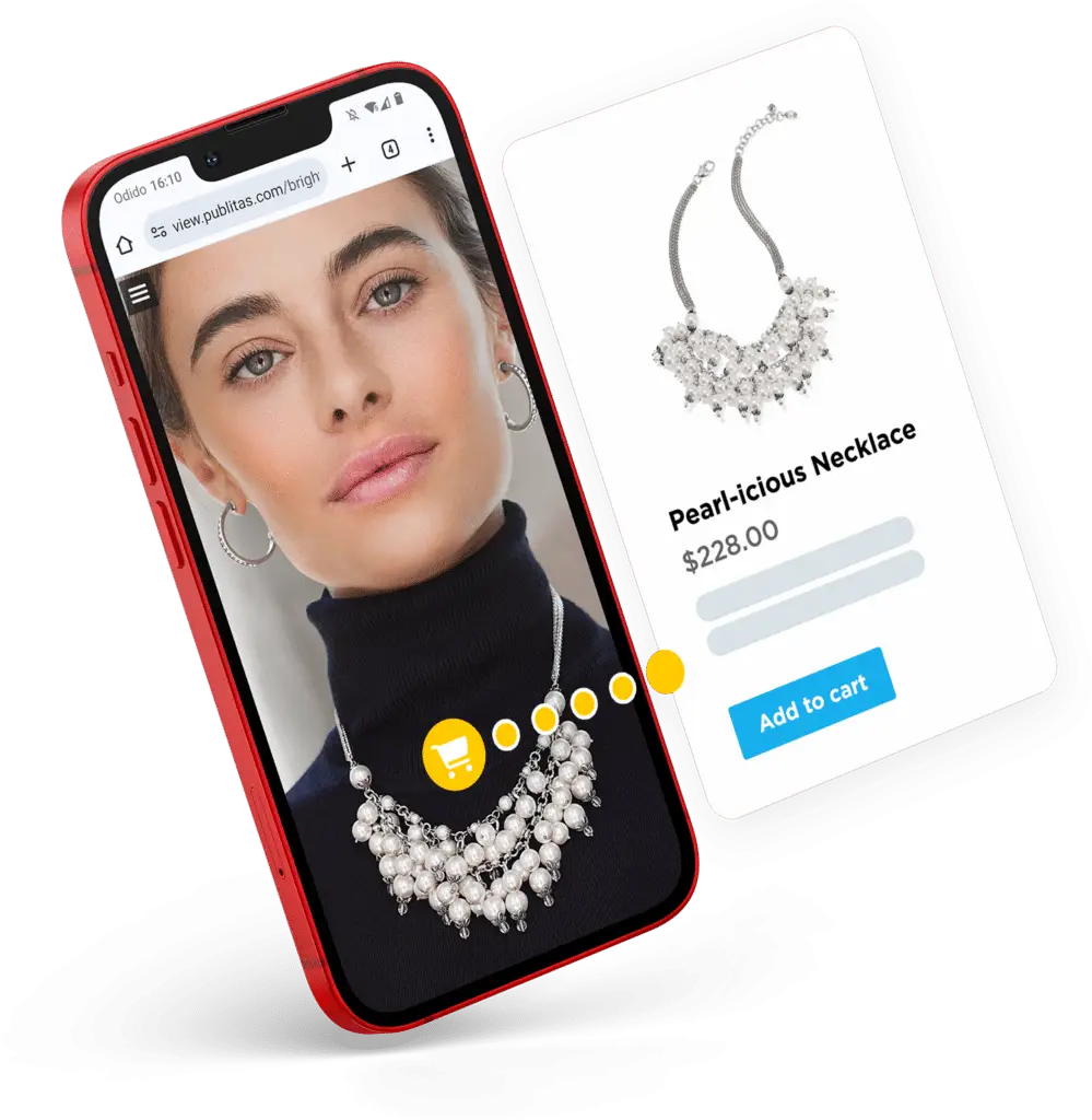 Create Digital Brochures Online 9 Close up of a mobile phone showing a beautiful woman wearing a pearl necklace. A product display page shows more info about the necklace and an add to cart button.