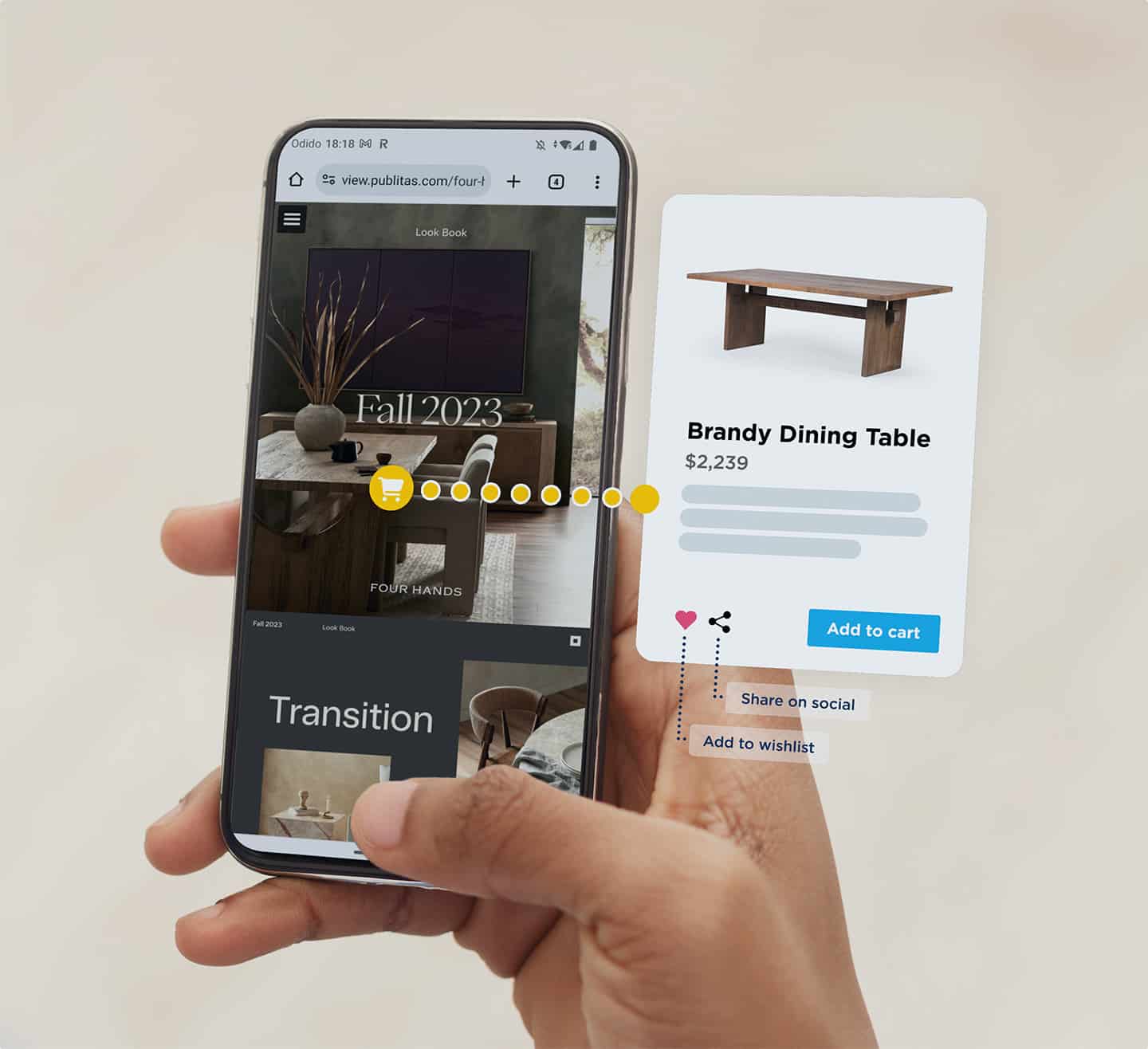 Publitas - Konvertieren mit kaufbaren digitalen Publikationen 12 Nahaufnahme eines Mobiltelefons in der Hand. Das Display zeigt einen Einrichtungskatalog und eine Produktseite für einen Brandy-Esstisch (mit Schaltfläche "In den Warenkorb").