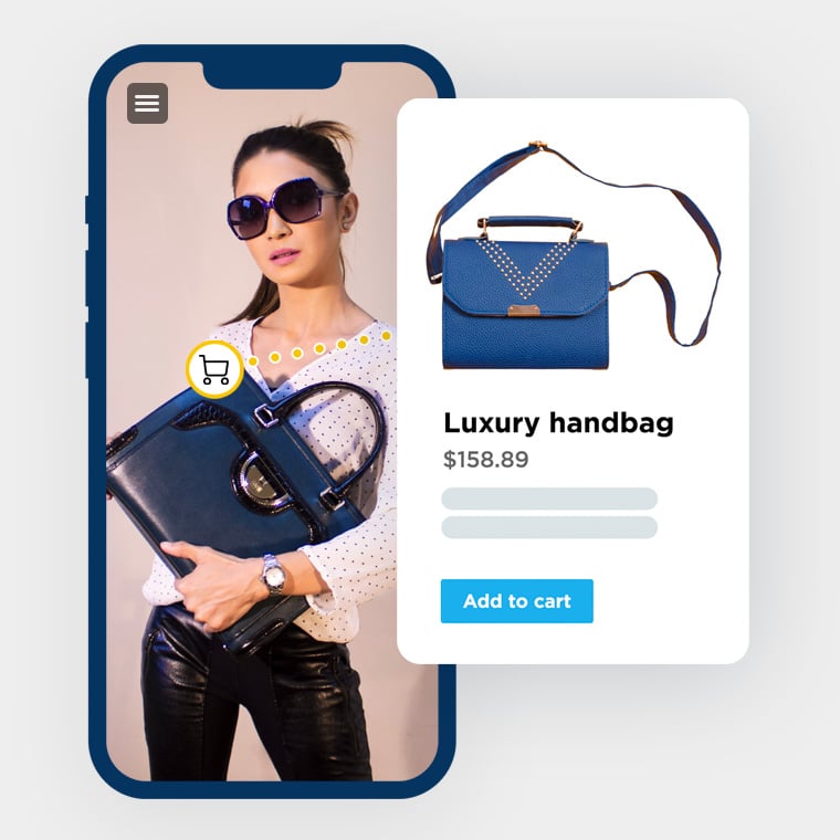 Discover More, Shop More: The Rise of Discovery Commerce & Marketing 3 Interactive media on mobile phone. Woman holding luxury bag. Shopping cart icon shows luxury bag can be bought directly.