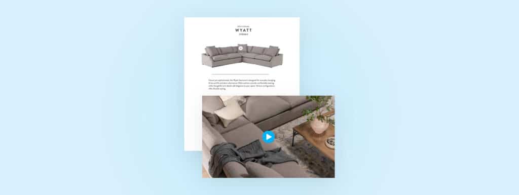 A video of a couch floating above a magazine page about that couch to indicate short-form videos can be embedded in digital catalogs.