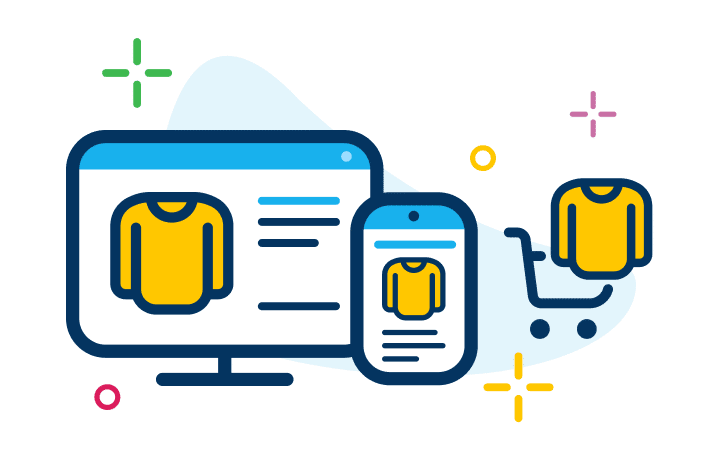 Digital Catalog 7 An icon showing a yellow sweater on a desktop, mobile, and in a shopping cart.