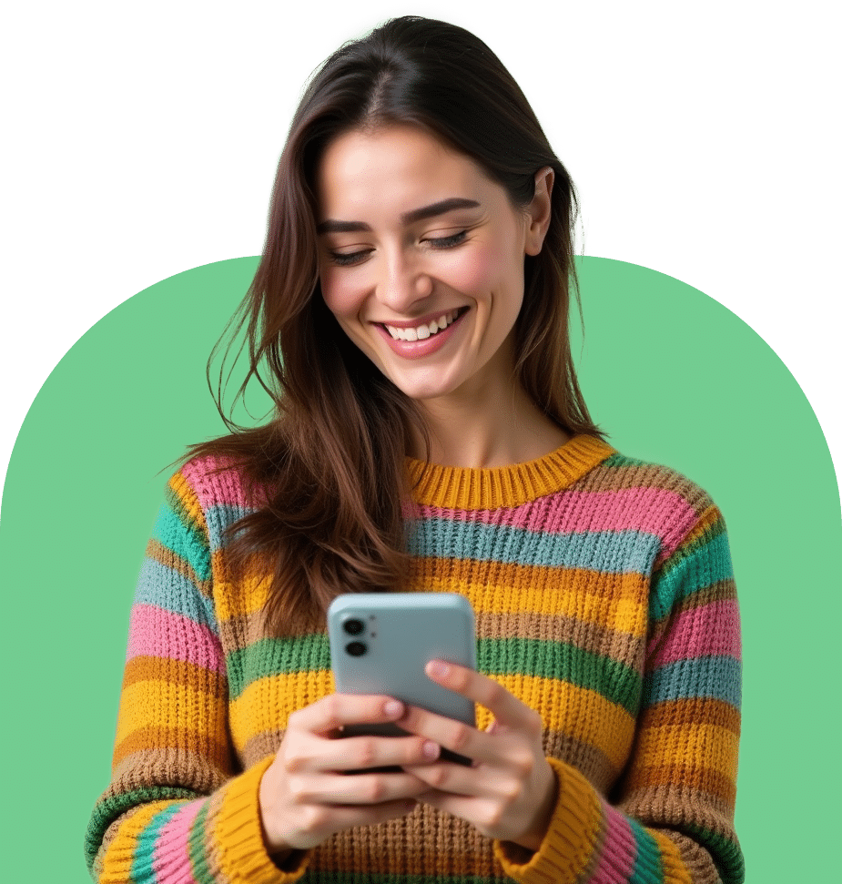 Consultancy 4 a woman wearing a colorful sweater smiles while holding a phone v2 Publitas