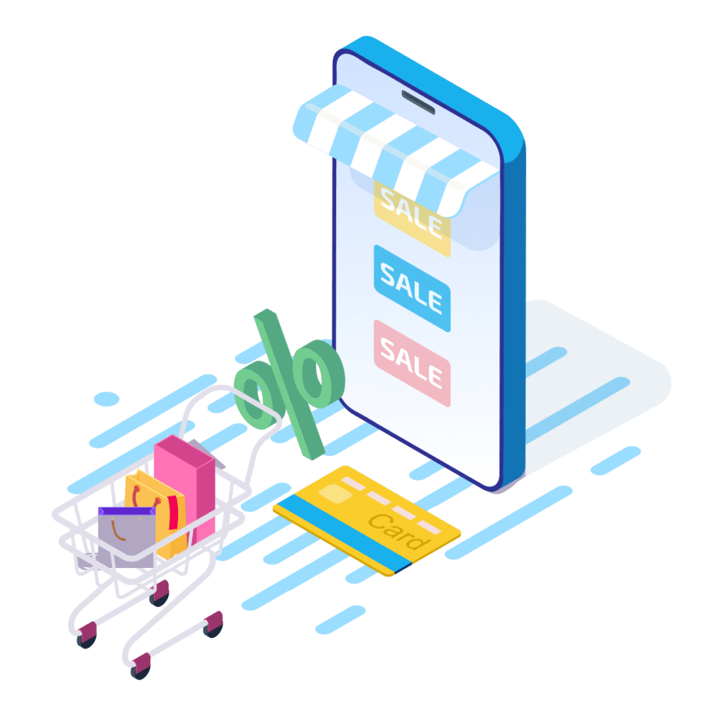 Ilustración de un teléfono móvil, un carrito de la compra y una tarjeta de crédito.