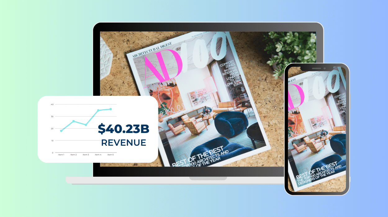 Digital Magazines That Engage And Capture eCommerce Customers 1 A home decor magazine on a digital laptop and mobile phone screen with a graph and $40.23b revenue in text