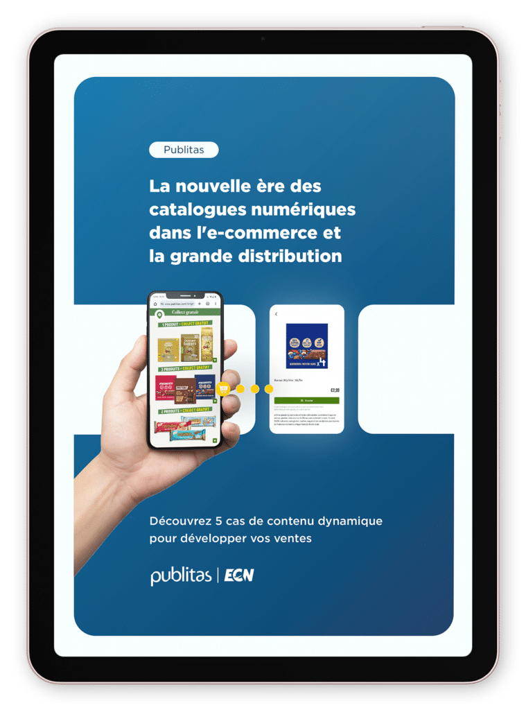 Un iPad mostrando la portada azul oscuro de un libro electrónico. La nueva era de los catálogos digitales en el comercio electrónico y minorista.