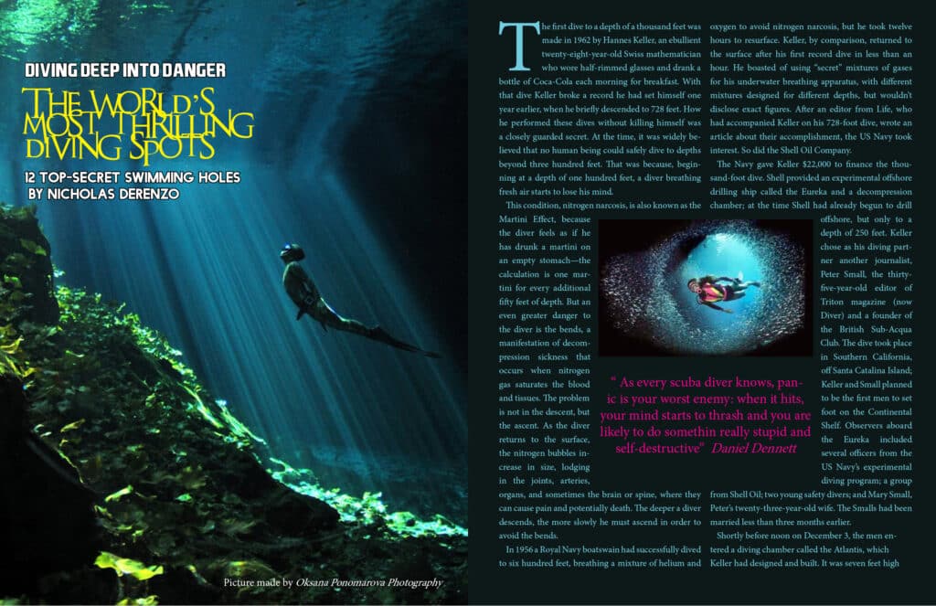 Digital Magazines That Engage And Capture eCommerce Customers 4 A digital magazine spread showing a man swimming in the ocean with the title diving deep into danger