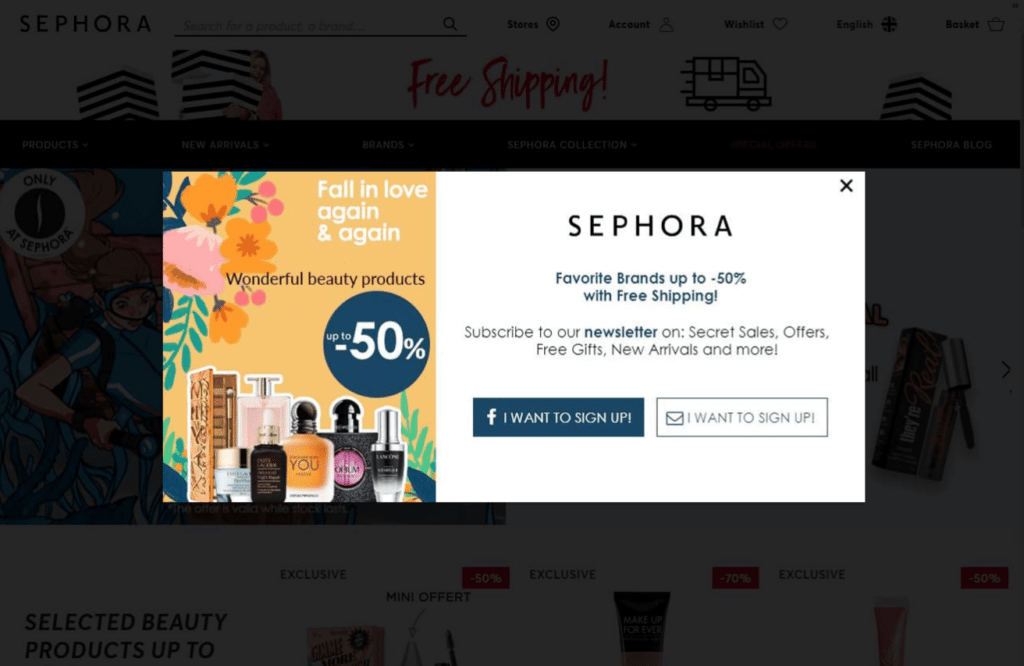 Is A Static E-Commerce Website Killing Your Sales? 67% of Consumers Expect Dynamic Content 4 A website popup showing sephora promotion and a newsletter sign up