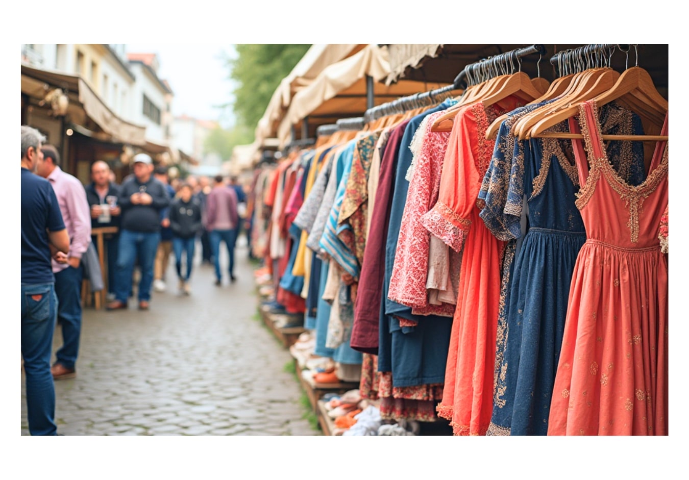 Latest Discovery Commerce Updates: How Top Retailers Are Redefining Shopping 2 A market in the street with a clothing stall and people walking past