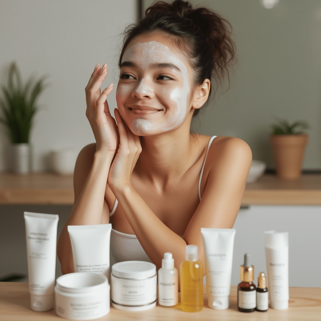 Latest Discovery Commerce Updates: How Top Retailers Are Redefining Shopping 4 A smiling woman with a facemask on sitting in front of a collection of skin care products