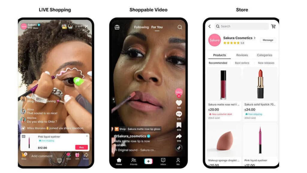 The Retail Technology Show 2025 Showed Us Why Simplicity Still Wins 1 Three side-by-side smartphone screens showing examples of TikTok’s e-commerce features: live shopping with user comments and a product purchase button, a shoppable video with a lipstick demonstration, and an online store for Sakura Cosmetics featuring product listings and prices.